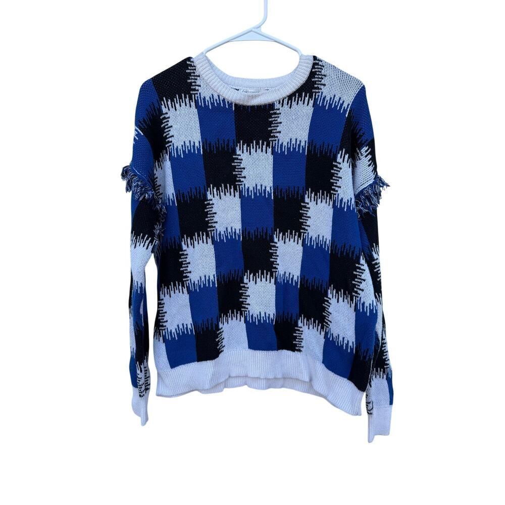 Cato Blue White Checkered Frayed Scoop Neck Sweater Size Large